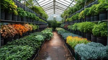 A long row of plants in a greenhouse photo