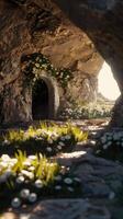 A cave with flowers growing out of it photo