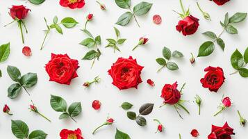 Red roses arranged on a white surface photo