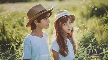 Two children wearing hats in a field photo
