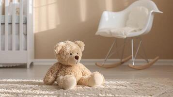 A teddy bear sits on a rug in a room photo