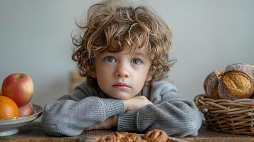 A young boy sitting at a table with a basket of fruit photo