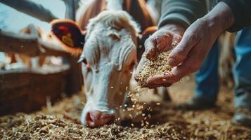 A person feeding grain to a cow photo