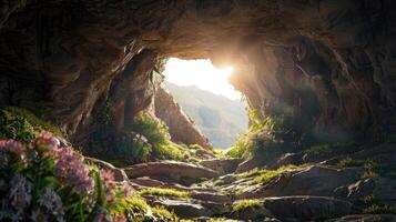 A cave with a light shining through it photo