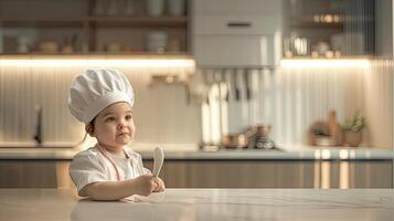 A baby in a chef hat sitting on a counter photo