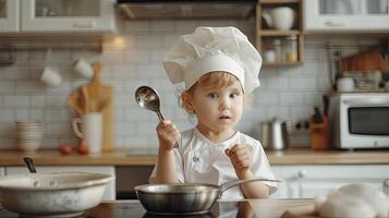 A young child in a chef hat holding a spoon photo