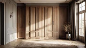 A room with wooden cabinets and a rug photo