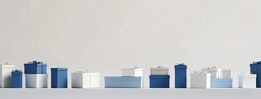 A row of blue and white gift boxes on a shelf photo