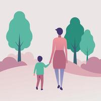 Calming Mothers Day Illustration of a Mother and Child Enjoying a Gentle Stroll in a Quiet Park vector