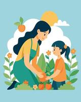 Lively Scene Mother And Daughter Caring For A Garden With Joy vector