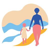 Flat Color Illustration of a Mother and Child Holding Hands While Walking Alongside on Mothers Day vector