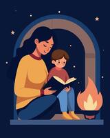 Cozy Scene Mother Reading Bedtime Story To Child In Room vector