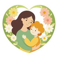 Sweet illustration of a mother hugging her child inside a heart-shaped frame on Happy Mother's Day vector