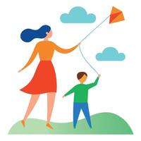 Flat Color Illustration of a Mother and Child Enjoying Kite Flying Together in an Open Field on Mothers Day vector