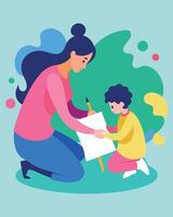 Playful Moment Mother And Child Painting On Canvas With Joy vector