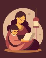 Cozy Scene Mother Reading Unique Bedtime Story To Child vector