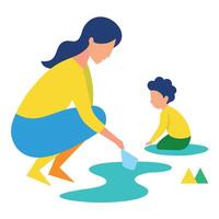 Flat Color Illustration of a Mother and Child Enjoying Paper Boats Near the Shore on Mothers Day vector