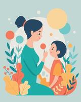 Delightful Illustration Mother And Child Blowing Bubbles With Joy vector