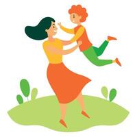 Playful Mothers Day Illustration of a Mother Spinning Her Child Around in a Meadow Full of Joy and Color vector