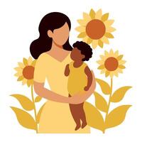 Radiant Mothers Day Illustration of a Mother Holding Her Child While Standing in the Sun with Joyful Warmth vector