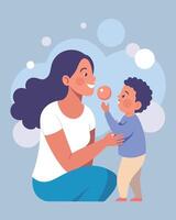 Mother And Child Delight In Blowing Bubbles In Sunny Outdoors vector