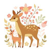 Delicate illustration of a mother and baby deer surrounded by soft florals on Happy Mother's Day vector