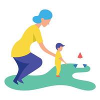 Flat Color Illustration of a Mother and Child Playing with Paper Boats Near the Shore on Mothers Day vector