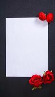 An artificial red rose with blank paper for copy space isolated on black background photo
