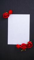 A beautiful artificial red rose with blank paper for copy space isolated on black background photo