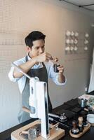 Specialized Coffee Preparation. A skilled barista expertly measuring coffee grounds in a stylish cafe environment. photo