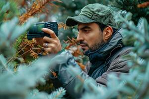 A man in a green hat and jacket is taking a picture photo