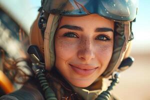 A woman in a pilot's helmet with a smile photo