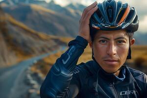 A man wearing a cycling helmet on a mountain road photo