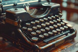 An old fashioned typewriter sitting on a wooden table photo