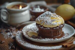 A cupcake with chocolate frosting and cinnamon on a plate photo