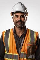 A man in an orange vest and hard hat photo