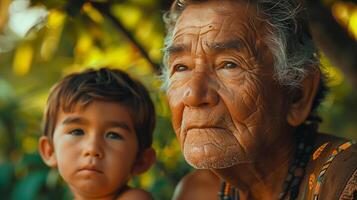 An older man and a young boy in the forest photo