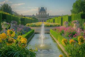A fountain in a garden with flowers and a building in the background photo