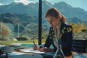 A woman in a business suit is writing on a piece of paper photo