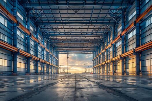 An empty warehouse with a large open space photo