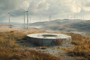 A concrete structure in the middle of a field photo