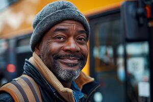 A man smiles while standing in front of a bus photo