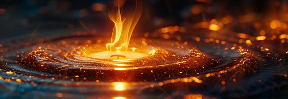 A burning candle is seen in the middle of a dark background photo