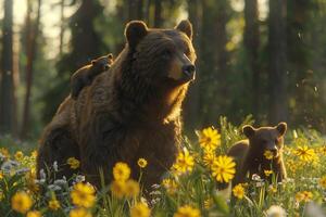 A bear and her cubs in a field of flowers photo