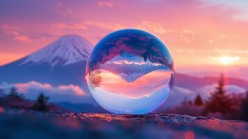 A glass ball with a mountain in the background photo