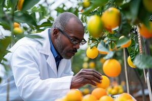 A man in a lab coat is picking oranges photo