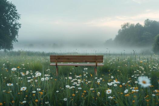 A bench in a field of flowers photo
