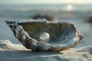 A pearl in a shell on the beach photo