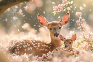 Two deer laying down in the flowers photo