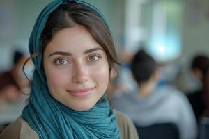 A woman wearing a headscarf in a classroom photo